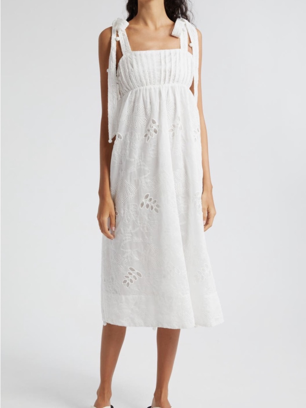 NWOT FARM Rio Eyelet Embroidered Midi Dress White Tie Shoulder Straps Size XL